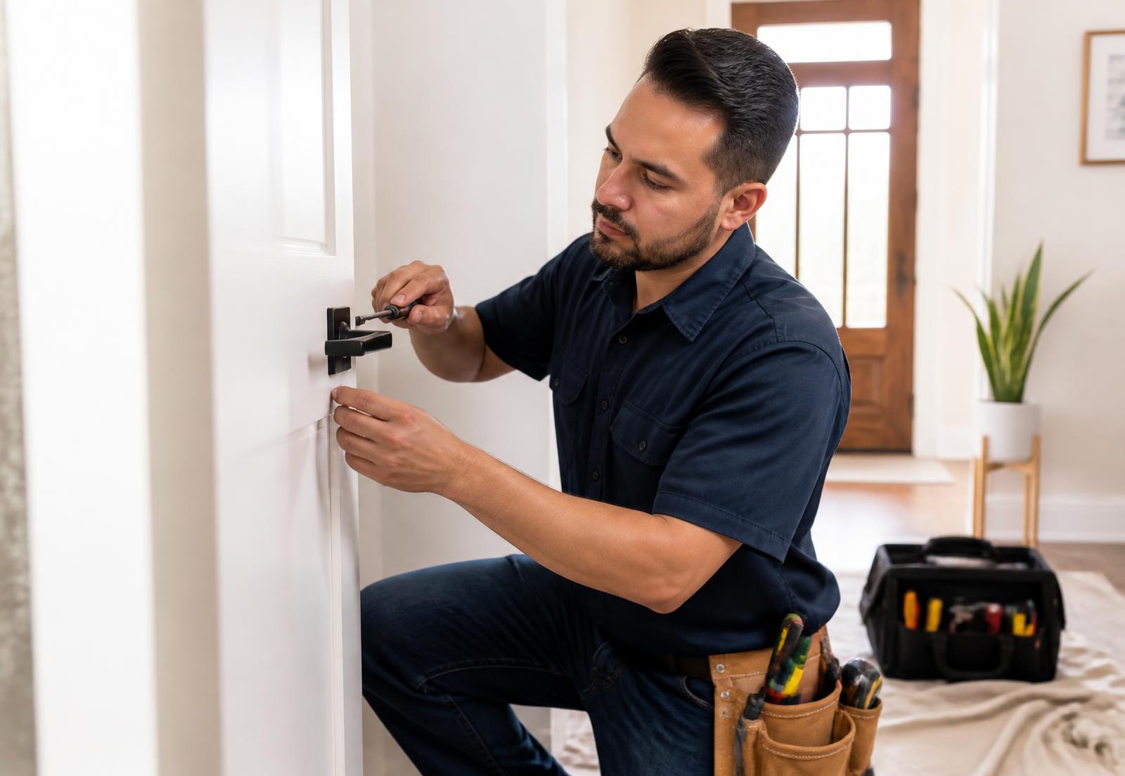 Handyman professional installing a door handle inside a well-maintained San Antonio home